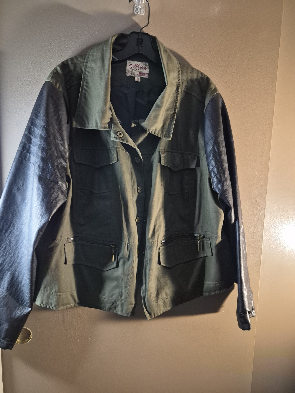 Dollhouse Olive Green Utility Jacket with Quilted Black Sleeves